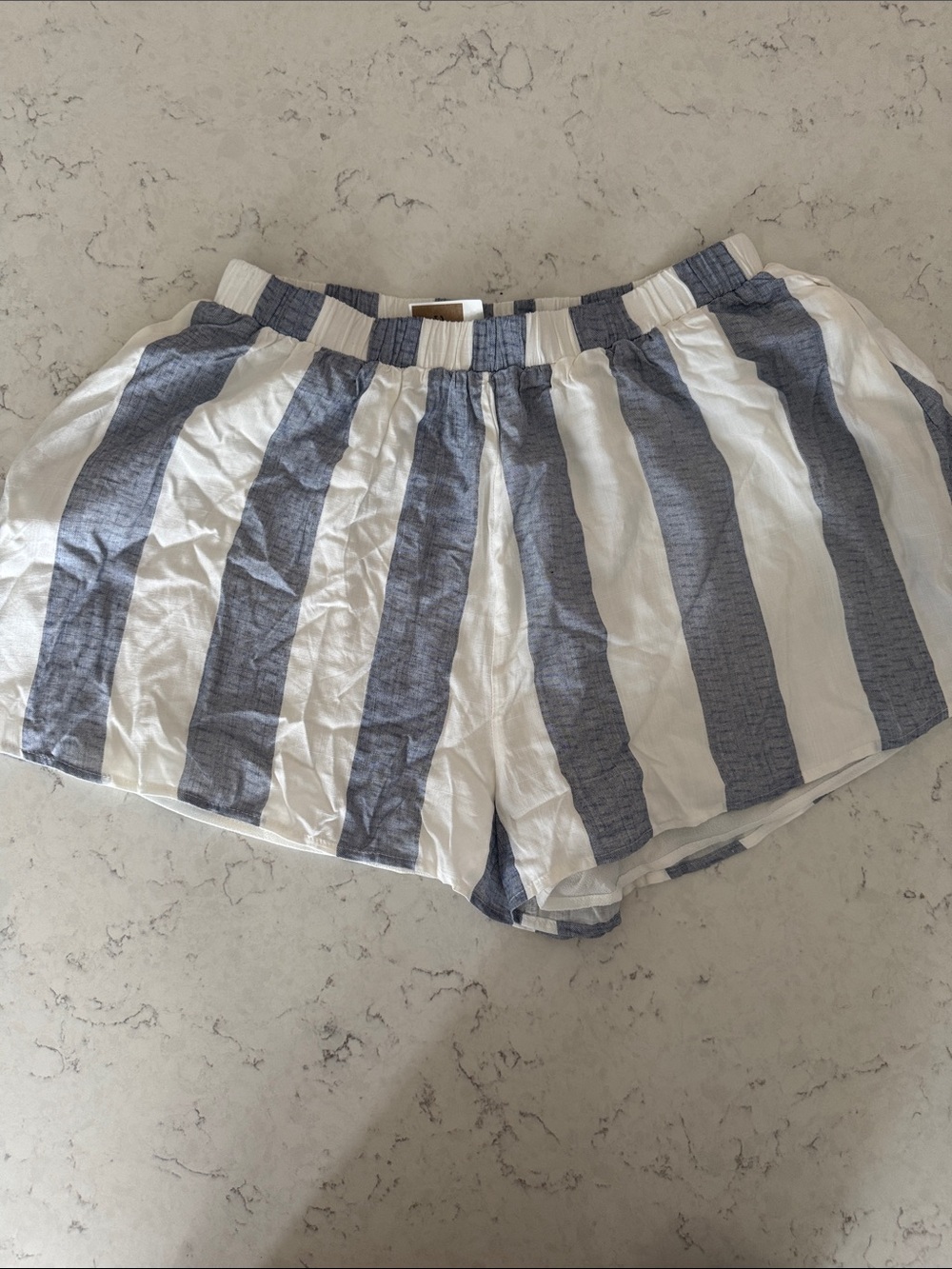 Striped Blue and White Elastic-Waist Lined Shorts